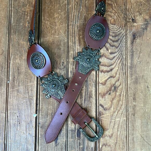 vintage Accessories - Vintage Italian Studio New York Brown Boho Leather Belt Metal Accents